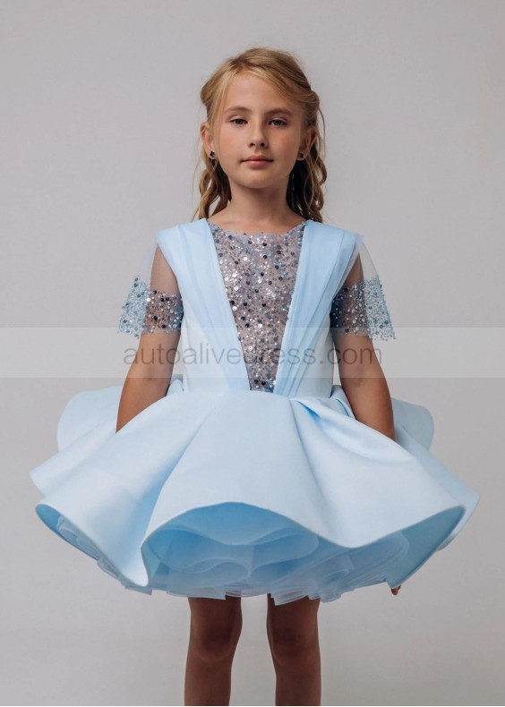 Short Sleeves Beaded Blue Satin Flower Girl Dress